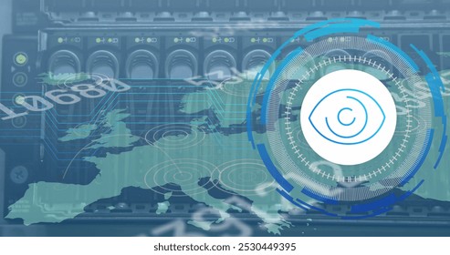 Image of data processing with eye icon and world map over server room. Global technology and digital interface concept digitally generated image