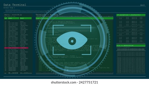 Image of data processing and eye over blue background. Social media and digital interface concept digitally generated image.