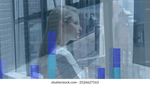 Image of data processing financial data and computer server over caucasian women. Global connections technology data processing and digital interface concept digitally generated image.