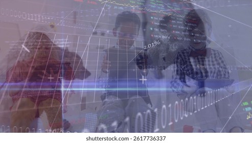 Image of data processing and financial graphs over african american boy. learning, school, finance and economy concept digitally generated image.