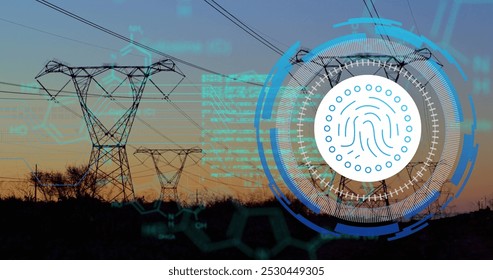 Image of data processing with fingerprint icon over pylons. Global technology and digital interface concept digitally generated image