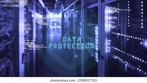 Image of data processing and fingerprint with icons over server room. Business, technology and digital interface concept digitally generated image.