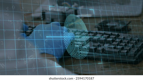 Image of data processing with fingerprint over caucasian scientist using computer. Global technology, computing, science, online security and digital interface concept digitally generated image.