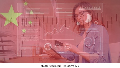 Image of data processing and flag of china over caucasian businesswoman using tablet. Global business and digital interface concept digitally generated image. - Powered by Shutterstock