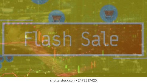 Image of data processing and flash sale text with icons over cityscape. Social media and digital interface concept digitally generated image.