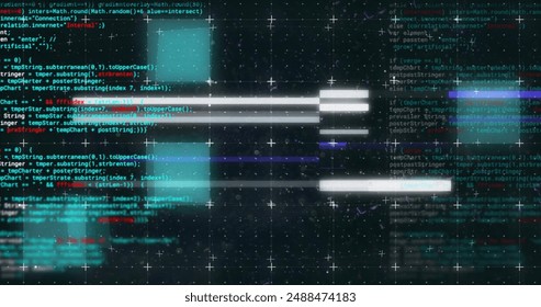 Image of data processing and flashing lights over grid on black background. Connection, data, processing, digital interface and communication, digitally generated image.