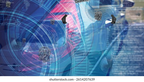 Image of data processing and gears over cars. global automotive business, car services and technology concept digitally generated image.