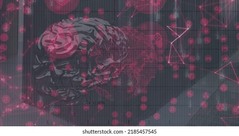 Image of data processing and globe with brain over server room. Global business and digital interface concept digitally generated image