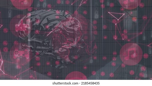Image of data processing and globe with brain over server room. Global business and digital interface concept digitally generated image - Shutterstock ID 2185458435