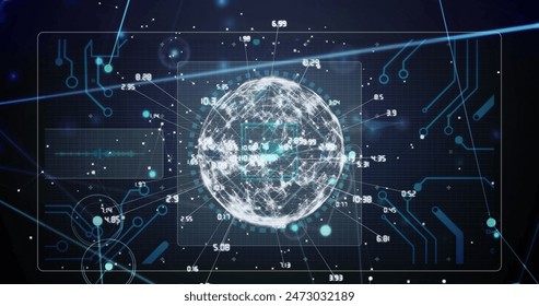 Image of data processing and globe with connections. Global networks, digital interface and data processing concept digitally generated image.