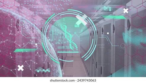 Image of data processing with globe and dna strand over server room. Global science and digital interface concept digitally generated image.