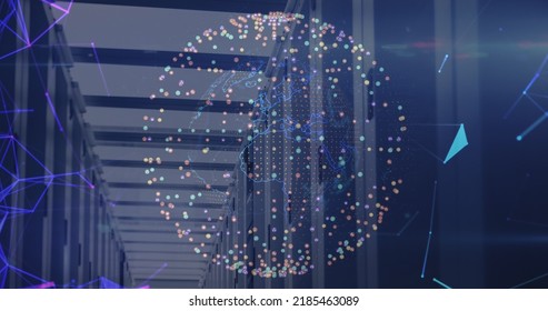 Image of data processing and globe with icons over server room. Global business and digital interface concept digitally generated image