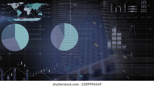 Image of data processing and globe on black background. Global technology, computing and digital interface concept digitally generated image.