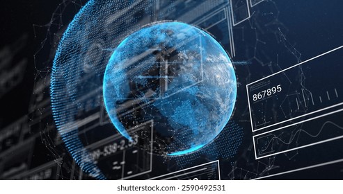 Image of data processing and globe on black background. Business, technology and digital interface concept digitally generated image.