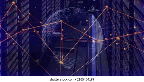 Image of data processing and globe over server room. Global business and digital interface concept digitally generated image
