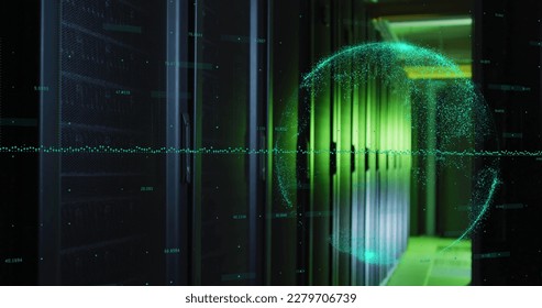 Image of data processing and globe over green lights of computer server. digital interface, cloud computing concept and technology concept digitally generated image. - Powered by Shutterstock