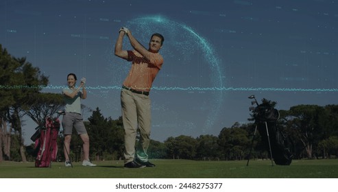 Image of data processing and globe over caucasian man playing golf at the golf course. Sports technology concept - Powered by Shutterstock - Get 15% off with code: PIKWIZARD15