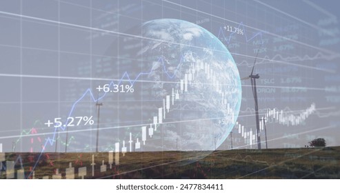 Image of data processing and globe over wind turbines. global business and digital interface concept digitally generated image.