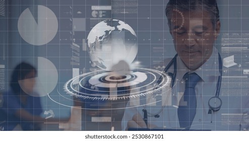 Image of data processing and globe over diverse doctors. Global medicine, computing and digital interface concept digitally generated image. - Powered by Shutterstock - Get 15% off with code: PIKWIZARD15