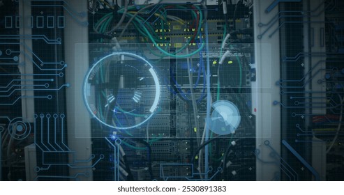 Image of data processing and globe over computer wires. computers, network, data processing, technology and digital interface concept digitally generated image.