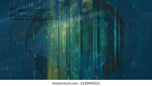 Image of data processing and globe over servers. Global network, data processing, digital communication and technology concept digitally generated image.