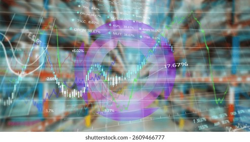 Image of data processing with globe over warehouse. global shipping, digital interface, technology and networking concept digitally generated image.