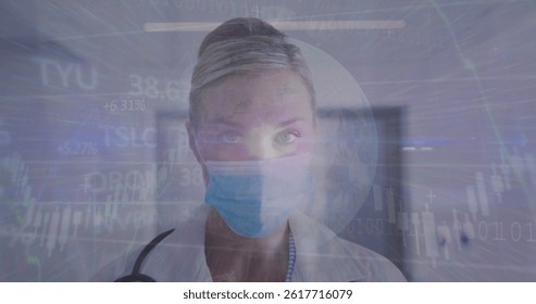 Image of data processing and globe over caucasian female doctor wearing face mask. Global covid 19 pandemic, medicine and healthcare concept digitally generated image.