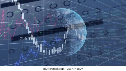 Image of data processing and globe over black background. global business and digital interface concept digitally generated image.