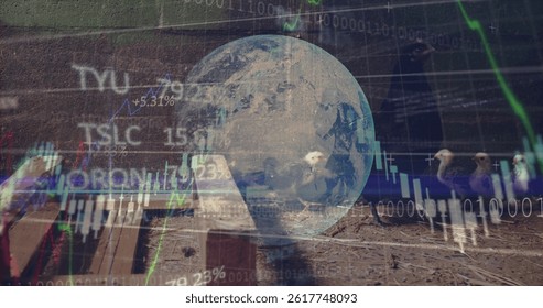 Image of data processing and globe over hen in henhouse. animals and digital interface concept digitally generated image.