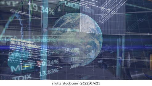 Image of data processing and globe over rubbish dump. global business and digital interface concept digitally generated image.
