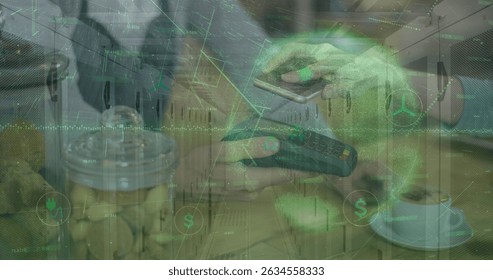 Image of data processing and globe over hands of caucasian people using payment terminal. Business, shopping, finance and wireless payments concept digitally generated image.