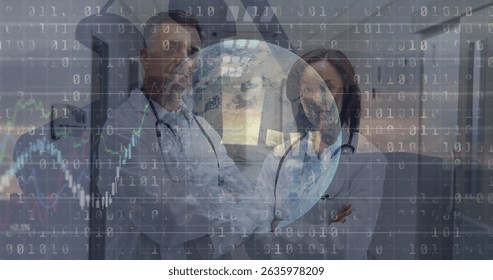 Image of data processing and globe over diverse doctors. Global medicine, computing and digital interface concept digitally generated image.