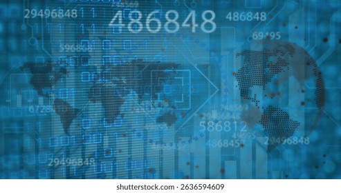 Image of data processing and globe over server room. Global science research and technology concept digitally generated image.