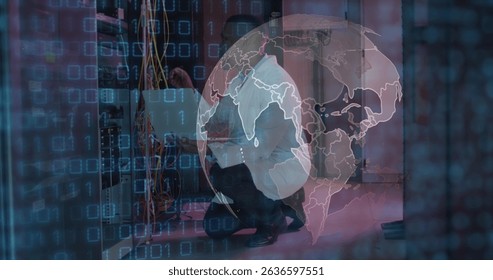 Image of data processing and globe over african american male server room worker. Cloud computing concept digitally generated image.