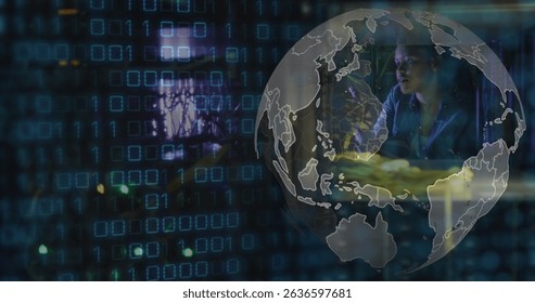 Image of data processing and globe over african american female server room worker. Cloud computing concept digitally generated image.