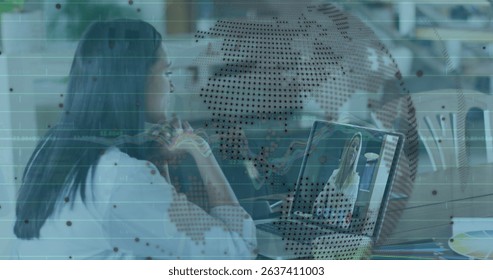 Image of data processing and globe over woman using laptop. Global business and digital interface concept digitally generated image.