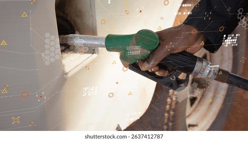 Image of data processing and globe over african american men refueling. Energy, power and fuel technology digital interface concept digitally generated image