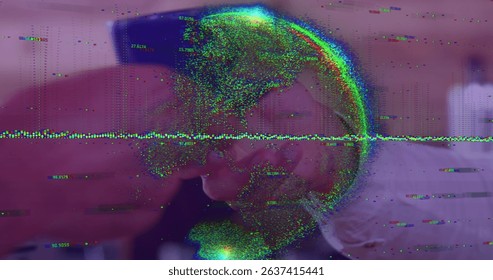 Image of data processing with globe over caucasian woman serving coffee. Global finances, retail and digital interface concept digitally generated image.