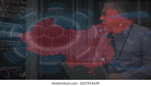 Image of data processing and globe over server room. Medical research technology concept digitally generated image.