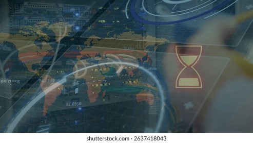 Image of data processing and globe over server room. Global shipping delivery business data processing and technology concept digitally generated image.