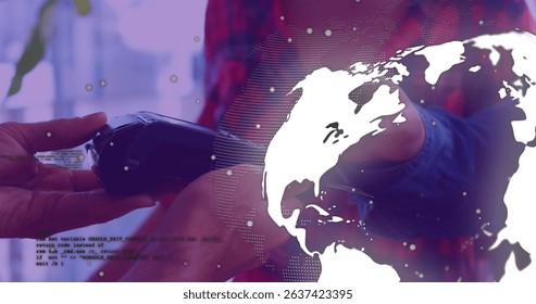 Image of data processing with globe over diverse people paying with credit card. Global finances, retail and digital interface concept digitally generated image.