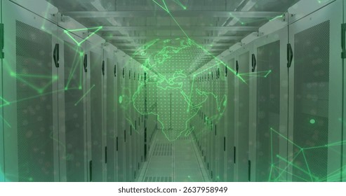 Image of data processing and globe over server room. Global business and digital interface concept digitally generated image