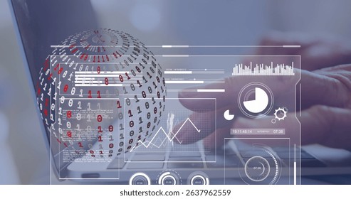 Image of data processing and globe over hand using laptop. Global business and digital interface concept digitally generated image.