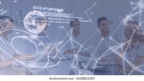 Image of data processing and globe over diverse business people in office. Global business and digital interface concept digitally generated image.