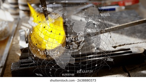 Image of data processing with globe over fire. Global medicine, science and digital interface concept digitally generated image.