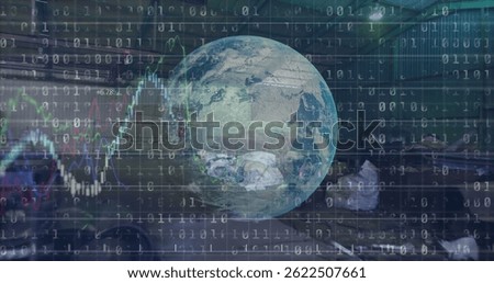 Image of data processing and globe over rubbish dump. global business and digital interface concept digitally generated image.