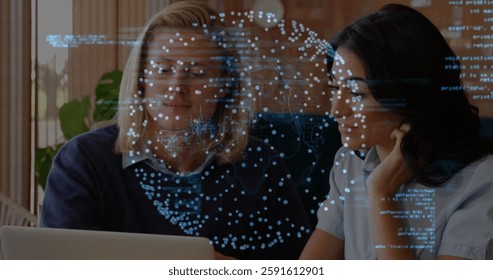Image of data processing and globe with spots over caucasian colleagues talking in office. Technology, business and digital interface concept digitally generated image.