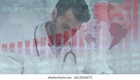 Image of data processing, globe and statistics over male doctor with stethoscope. medicine, digital interface and data processing concept digitally generated image. - Powered by Shutterstock - Get 15% off with code: PIKWIZARD15
