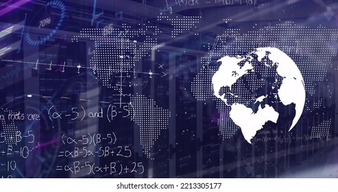 Image of data processing with globe and world map over server room. Global business and digital interface concept digitally generated image.