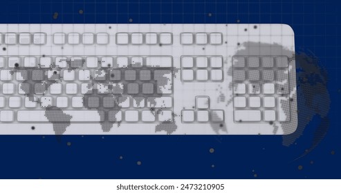 Image of data processing, globe and world map over computer keyboard. Global business, finance and data processing concept digitally generated image.